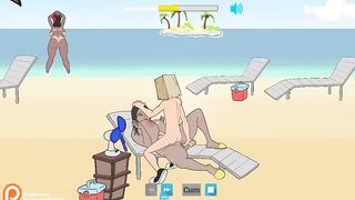 Two black, cartoon girls are taking turns sucking and riding a big, white cock on the beach