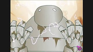 Cartoon chick is sucking dick and getting stuffed with a sex toy, from the back