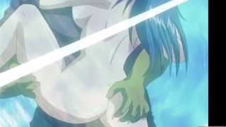 Cartoon babe with big boobs and blue hair is moaning while getting stuffed with two cocks