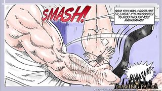 Busty, blonde boss from a cartoon comic is into a surprise that includes bondage and spanking