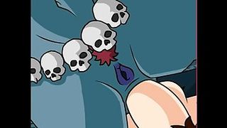 Busty cartoon babe is getting her ass stimulated with a huge dildo, in front of the camera