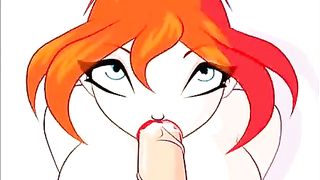Big titted cartoon girl with red hair sucked two dicks and got cum on her face