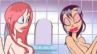 Busty cartoon girls are having a relaxing shower, while Ren and Stimpy are helping them
