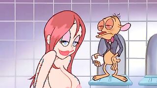 Busty cartoon girls are having a relaxing shower, while Ren and Stimpy are helping them