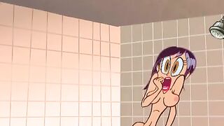 Busty cartoon girls are having a relaxing shower, while Ren and Stimpy are helping them
