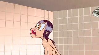 Busty cartoon girls are having a relaxing shower, while Ren and Stimpy are helping them