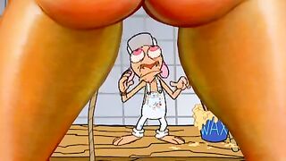 Busty cartoon girls are having a relaxing shower, while Ren and Stimpy are helping them