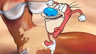 Busty cartoon girls are having a relaxing shower, while Ren and Stimpy are helping them