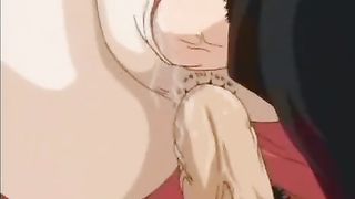 Busty cartoon girl is moaning from pleasure while her boyfriend is drilling her bushy pussy