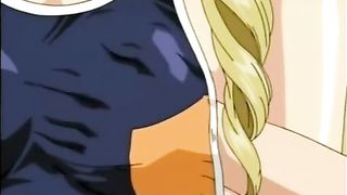 Cartoon girls are kneeling in front of a guy and taking turns sucking his dick