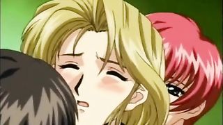 Cartoon girls are kneeling in front of a guy and taking turns sucking his dick