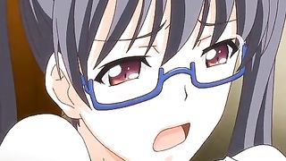 Cartoon girl with glasses and pigtails is playing with her nipples while getting her pussy stuffed