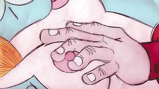 Cartoon babe is passionately making love with her partner in every single drawing she is in