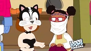 Cartoon housewife is sucking fat meat stick not knowing that her husband is watching her