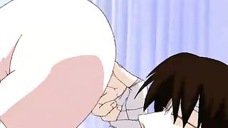 Cartoon nurse with purple hair is getting banged in the hospital, instead of doing her job