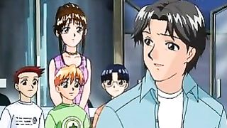 Lovely cartoon babe is blushing while having a vibrator inside her pussy, in front of her friends