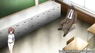 Cartoon babe with huge, blue eyes bends over to suck her teacher's rock hard dick