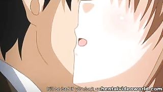 Cartoon babe with huge, blue eyes bends over to suck her teacher's rock hard dick