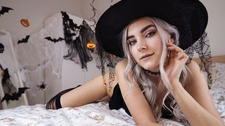 Cute horny witch gets facial and swallows cum (Eva Elfie porn)