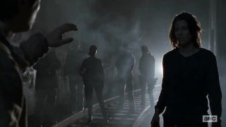 AMWF Lauren Cohan English Norwegian Woman Bi-Racial Cute Phat Hug With Yeon Sang Yeob South Korean Masculine In Canal Ambling Dead Season four Scene 15