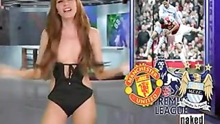 Super-Cute teens are reporting for tv station and take their bikinis off in front of camerars