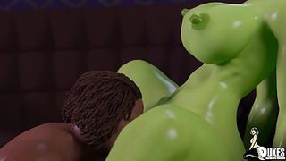 Horny alien girl with ginormous milk cans is having lovemaking with a dark-hued guy all the time