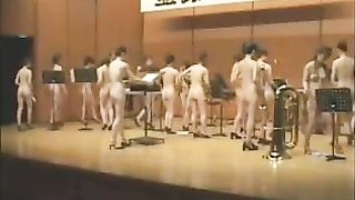 Bare Chinese honeys were on the stage and toying their implements while people were observing