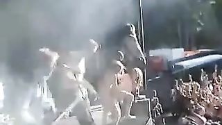 Nude chick and her beau are ahving hookup on the stage in front of many people