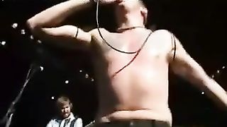 Nude chick and her beau are ahving hookup on the stage in front of many people