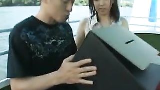 Public voyeur shows an Asian babe with big titties doing her best to please a rich guy