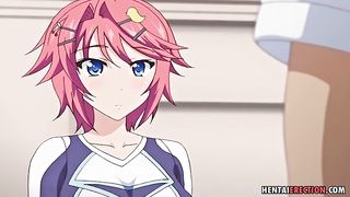 Horny Hentai schoolgirl with pink hair and big boobs is moaning from pleasure while getting fucked
