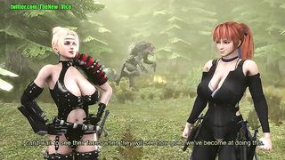 Busty hunters are getting fucked by a black monster with two cocks, in the forest