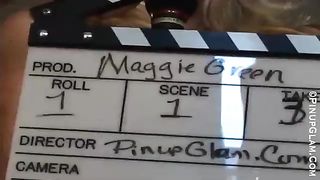 Curvaceous blonde woman is slowly taking off her clothes