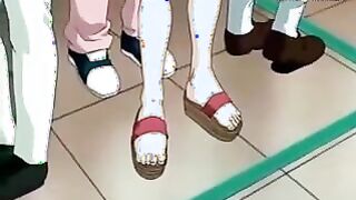 Sexually Aroused Anime Porn damsel with fat fun bags taunted and satisfied by her lezzie pals at the teach station