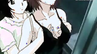 Sexually Aroused Anime Porn damsel with fat fun bags taunted and satisfied by her lezzie pals at the teach station