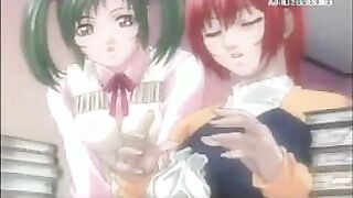This impressive looking anime porn honey takes off down and fumbles herself off while her class friends see her