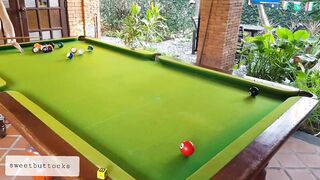 Hot Naked beauty playing billiards